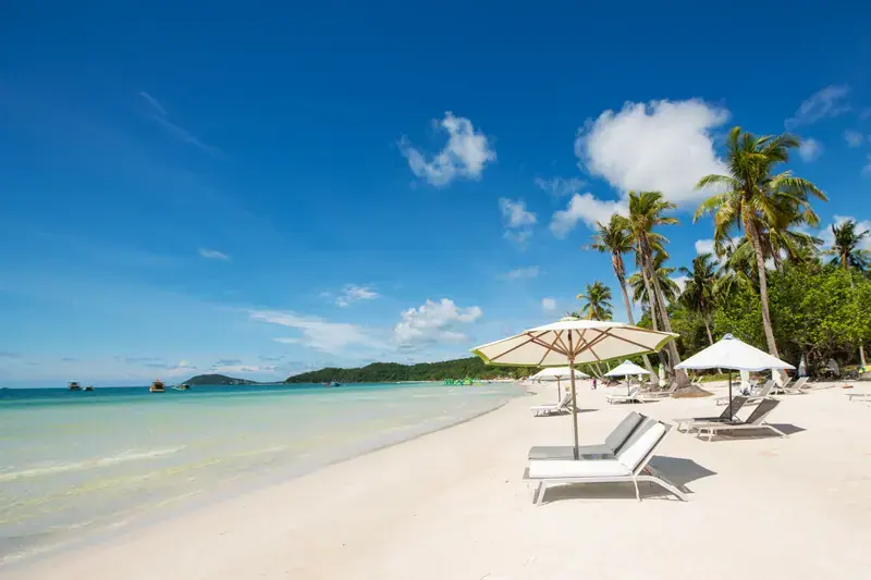 White sand, palm trees, umbrellas and loungers along Sao Beach